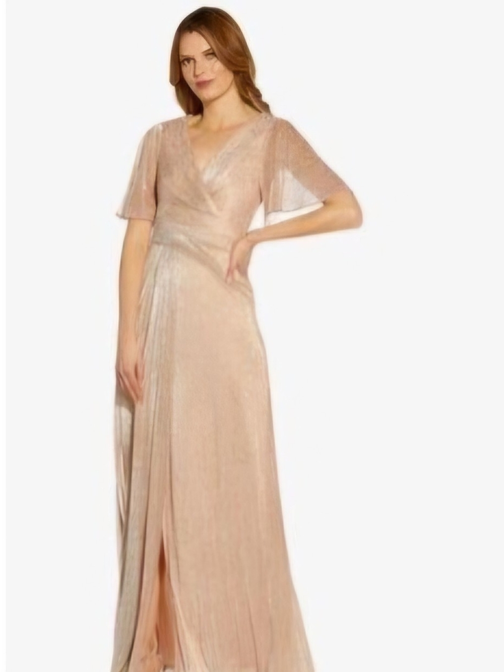 Adrianna Papell Rose Gold Metallic Floral Flutter Sleeve Gown 4